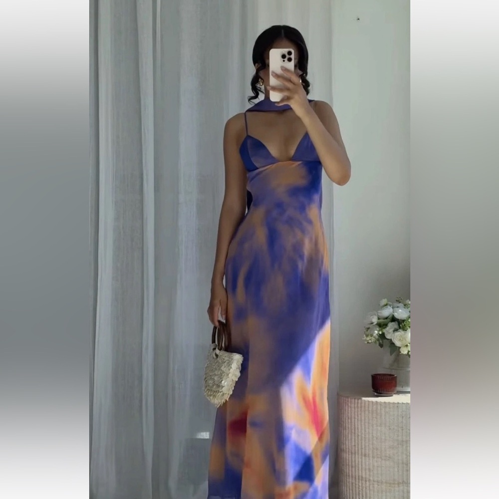 ZARA FOULARD PRINT TULLE LONG HALTER DRESS - Picture 5 of 10